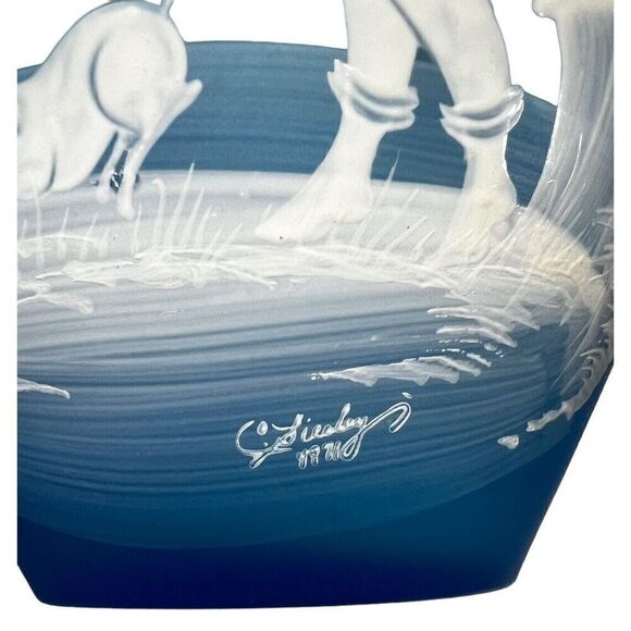 Westmorland Artist Signed 1971- Mary Gregory Vase Boy Fishing Blue Satin 7" tall - Picture 7 of 9